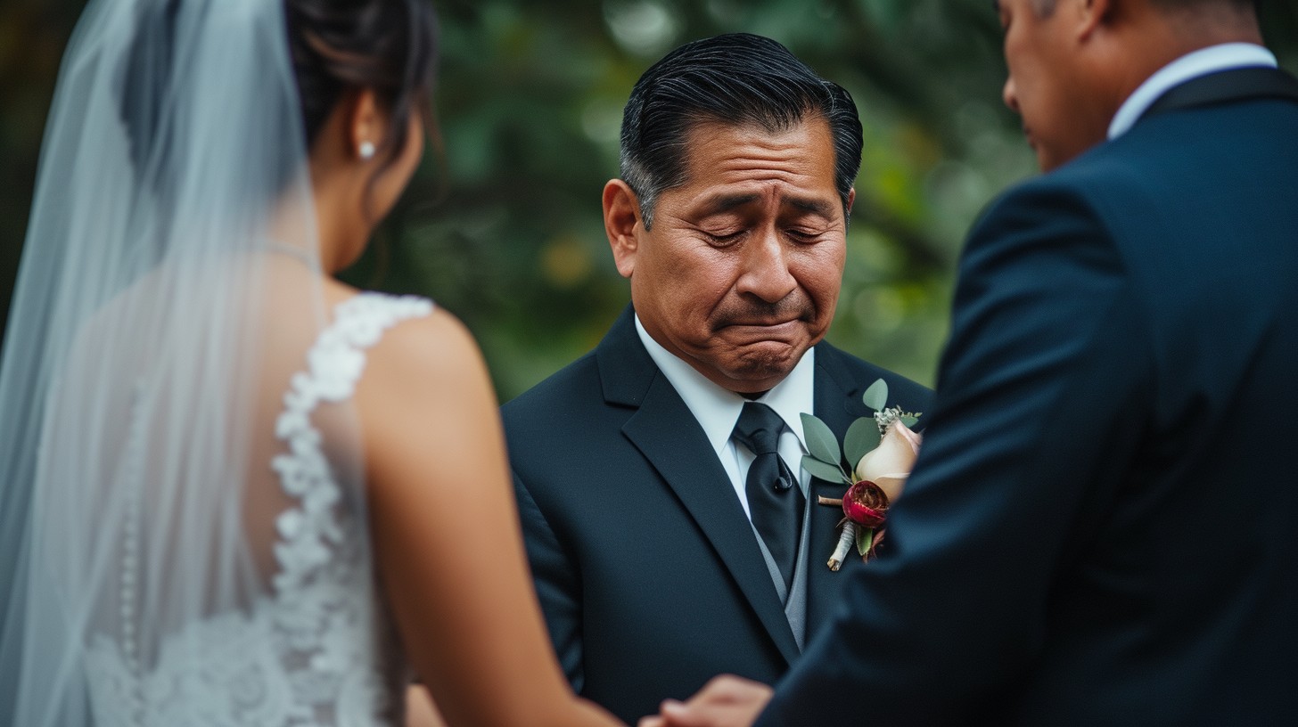 An emotional moment between the couple at their wedding