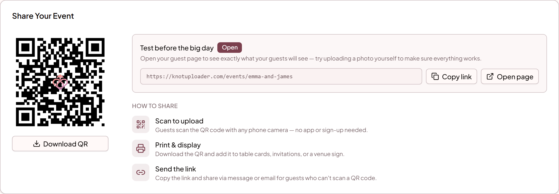 QR code sharing panel in the dashboard