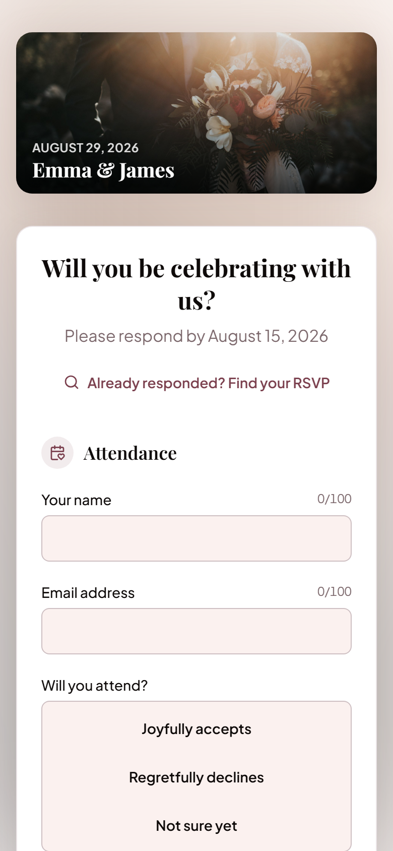 Guest RSVP form on a phone